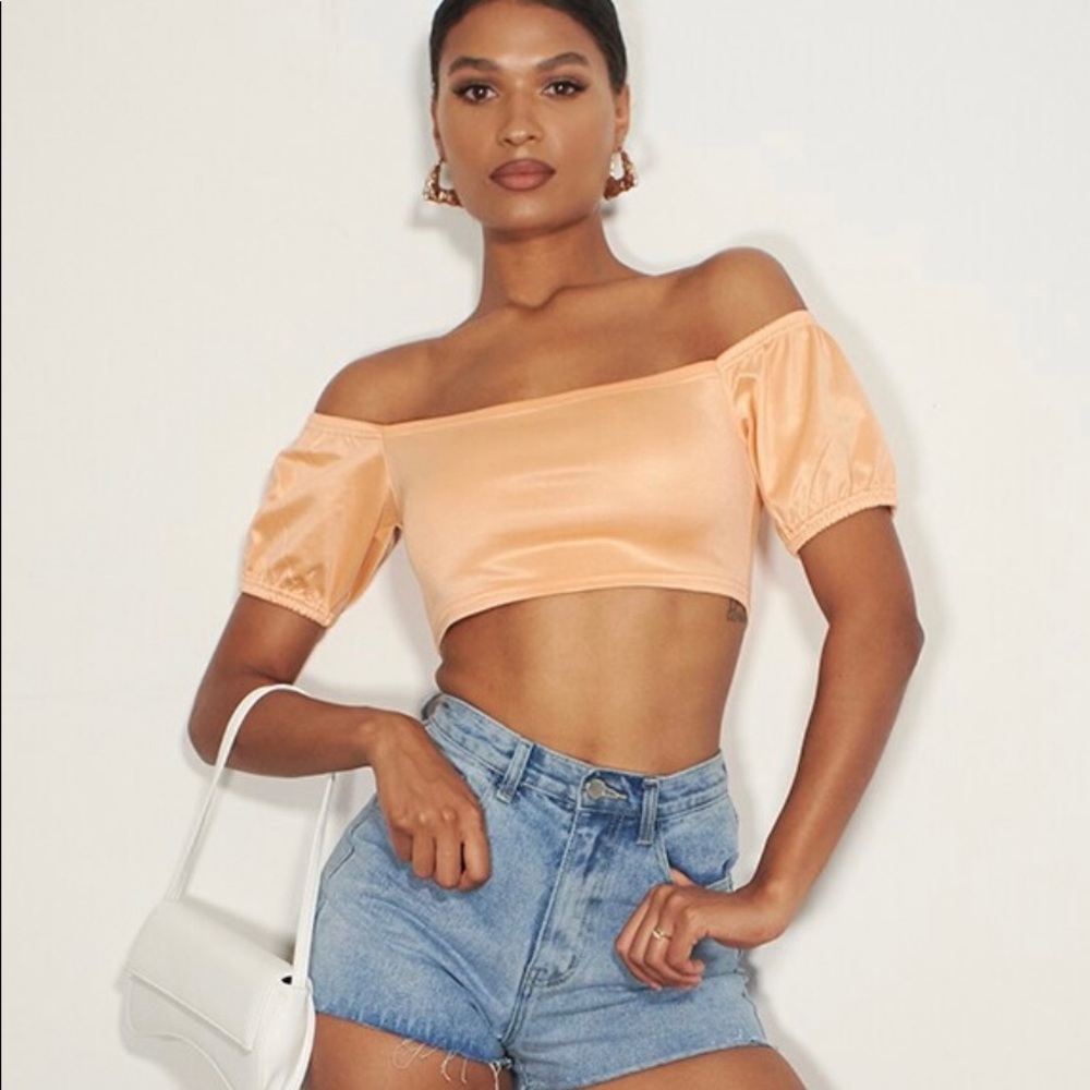 Prettylittl Peach Shimmer Bardot Short Sleeve Crop